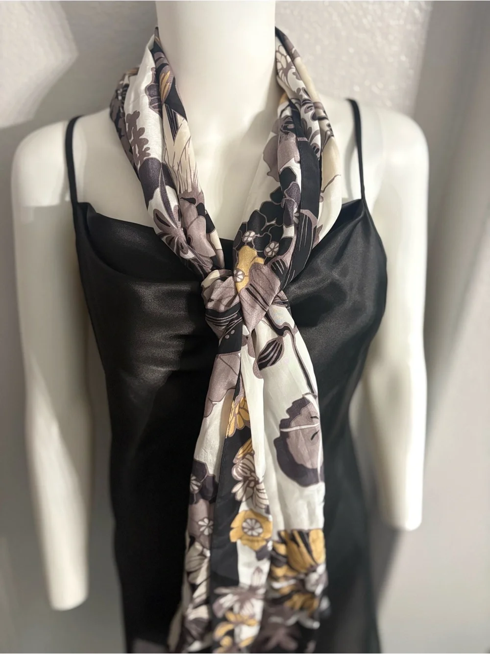 Floral Lightweight Scarf in Black, Cream & Mustard
